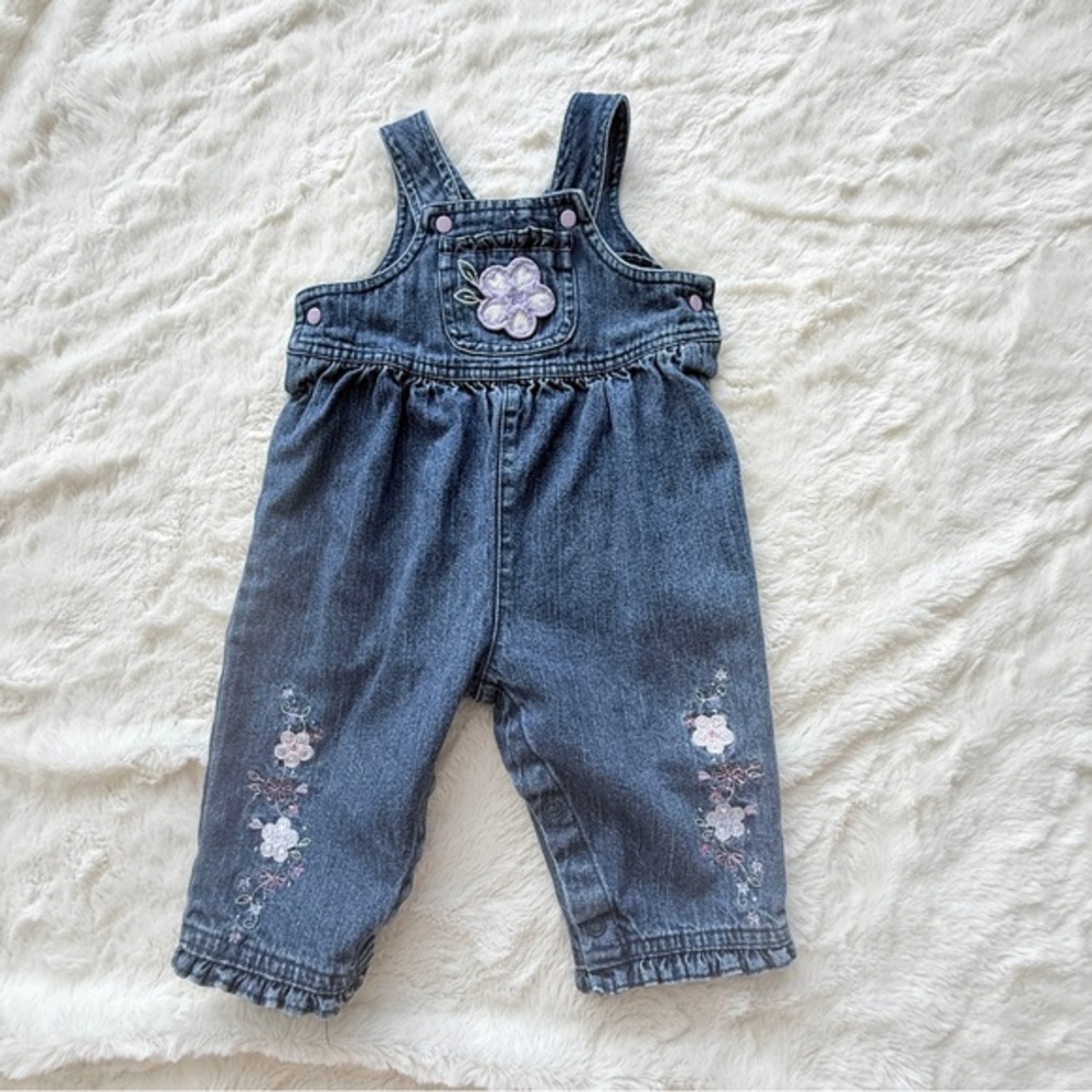Charming Kids Denim Overalls with Embroidered Floral Design Sz 6-9 AG